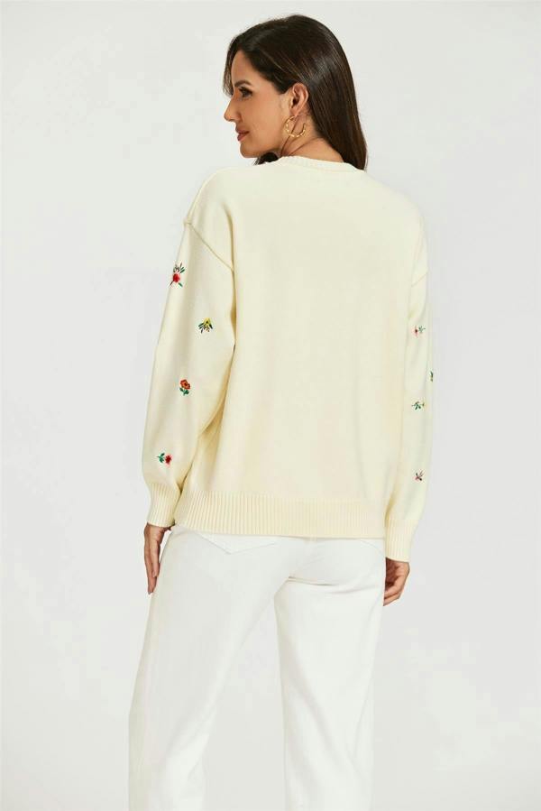 FS Collection Embroidered Floral Knit Jumper Top In Cream