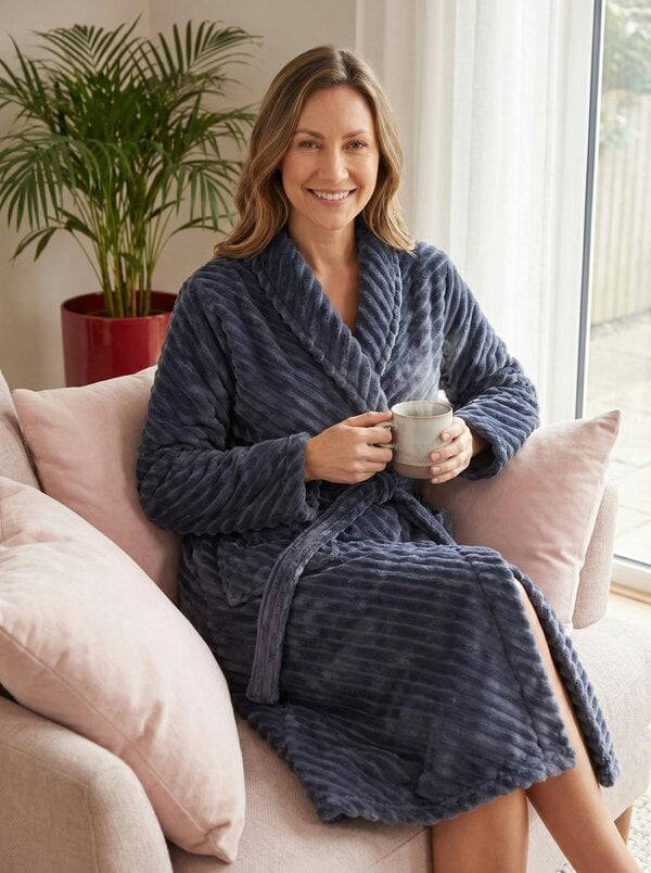 Camille Womens Supersoft Fleece Long Sleeved Ribbed Dressing Gown