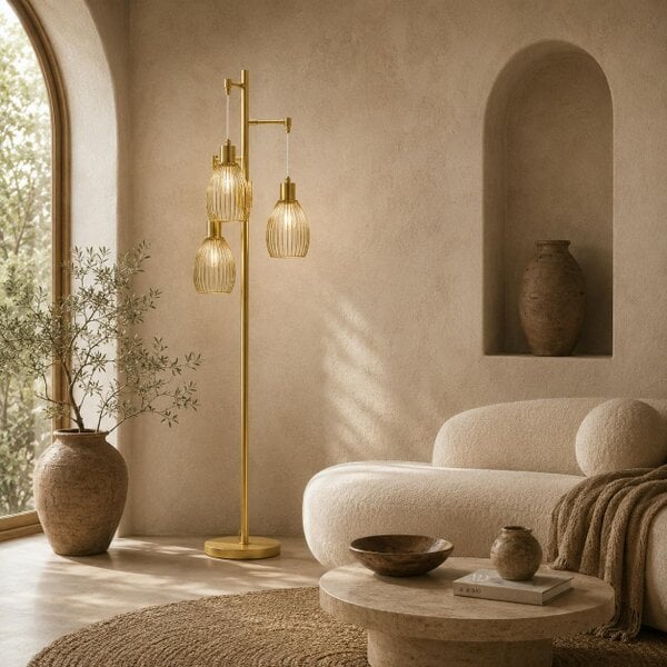 Wyld Haus Rodi Metal Gold Tone Industrial 3 Light Floor Lamp With Wire Cage Shades