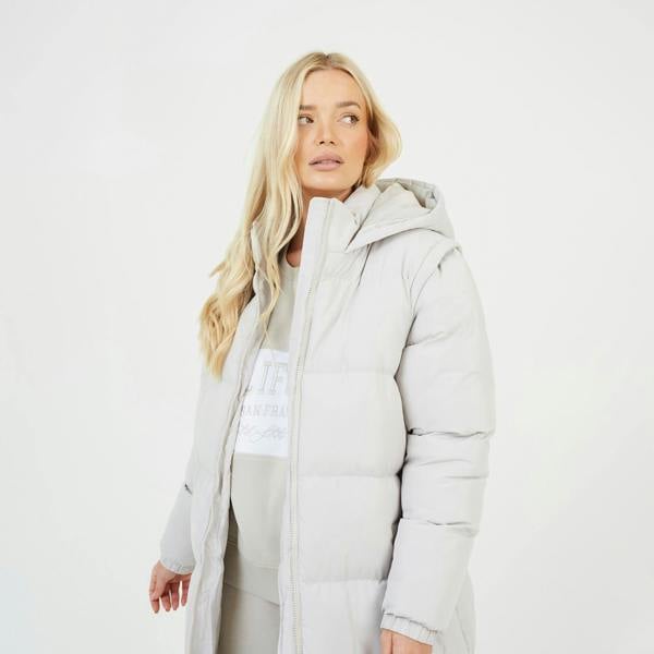 Brave Soul Cream Maxi Hooded Puffer Jacket with Detachable Sleeves - Cream Image 4