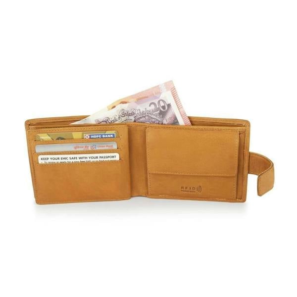 Open view of Cognac wallet with money and cards on a white background