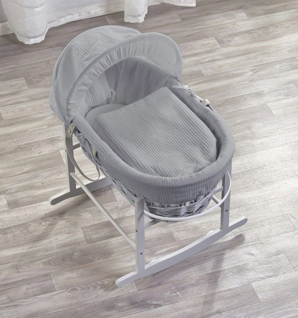 Kinder Valley Grey Waffle Grey Wicker Moses Basket with Rocking Stand Grey