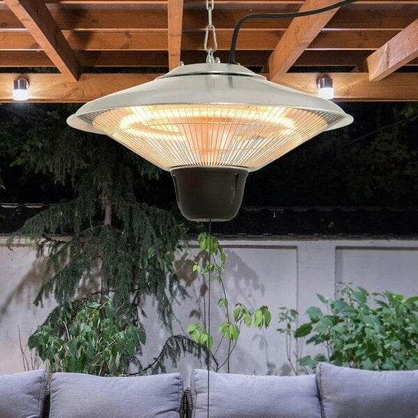 Bobobiy 1500W Outdoor Heater Outdoor Ceiling Mounted Aluminium Halogen Electric Hanging Heating Light Pull Switch Control - Silver