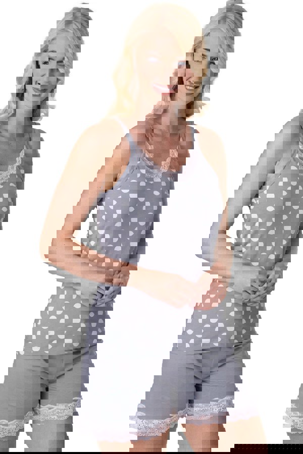 Camille Grey Lightweight 100% Cotton Spot Printed Sleeveless Top Pyjama Set With Lace Detailing