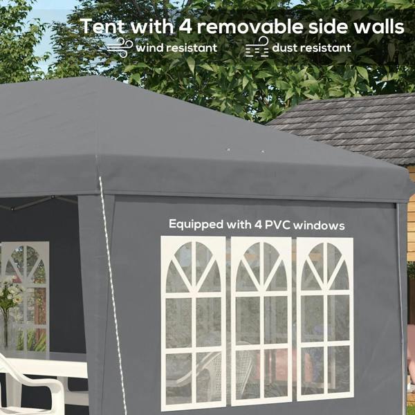 Grey pop-up gazebo side wall with three white PVC windows and removable side panels