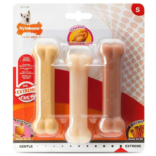 Nylabone Extreme Tough Dog Chew Bones – Triple Flavour Pack (Peanut Butter, Chicken & Bacon), Small Dogs Up to 11 kg