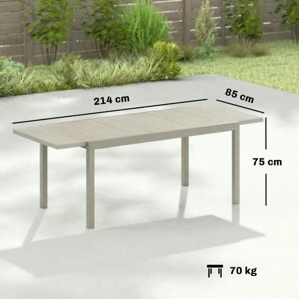 Extending Garden Table, Aluminium Outdoor Dining Table for 8-10 with Wood-Like Grained Surface, Light Grey Wood Effect