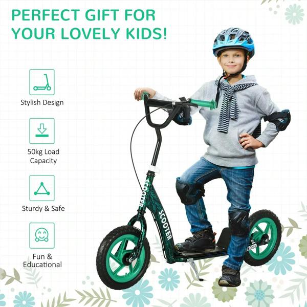 Green kids kick scooter with rider and helmet, adjustable handlebar and large wheels