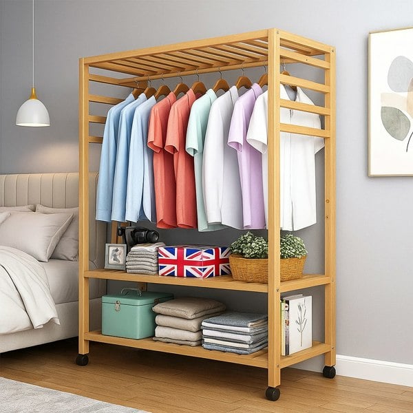Modcraft Wooden Clothes Rail Rack – Heavy Duty Garment Hanging Stand with Shelves Open Wardrobe