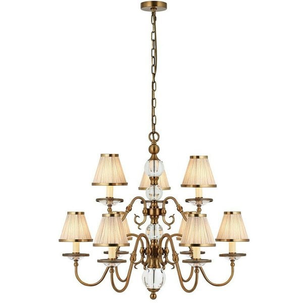 Flemish Ceiling Pendant Chandelier Antique Brass & Beige Shades 9 Lamp Light Loops