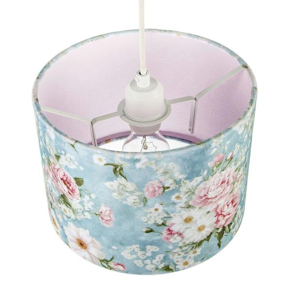 Vintage Chic Sky Blue Velvet Lamp Shade with Pink and White Flowers Image 3