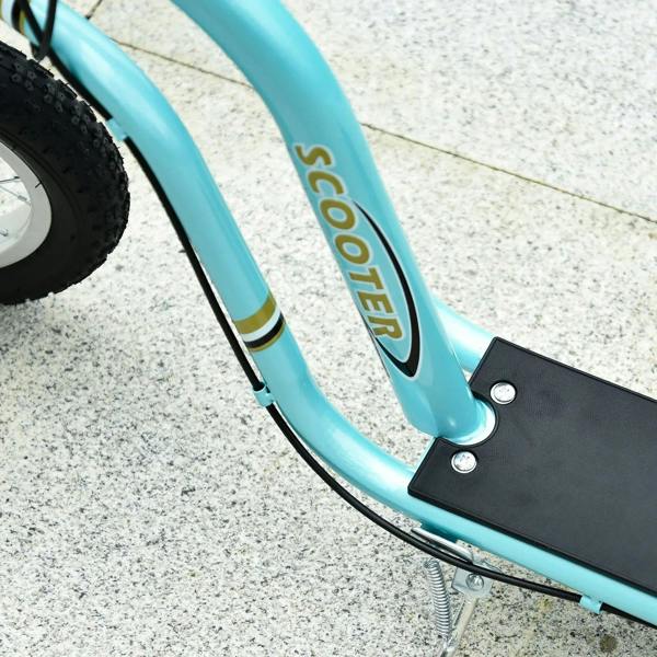 Turquoise scooter down tube and black deck edge with kickstand spring.