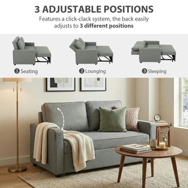 Double Sofa Bed Click Clack Sofa Bed Pull Out Bed with Adjustable Backrest for Living Room and Bedroom Grey