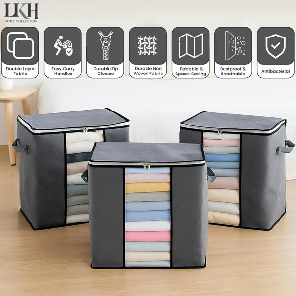 LKH HOME COLLECTION LKH Clothes 3 Pack Storage Bags 90L - Foldable Fabric Storage Boxes - Non-Woven with Handles & Zipper for Bedding & Wardrobe