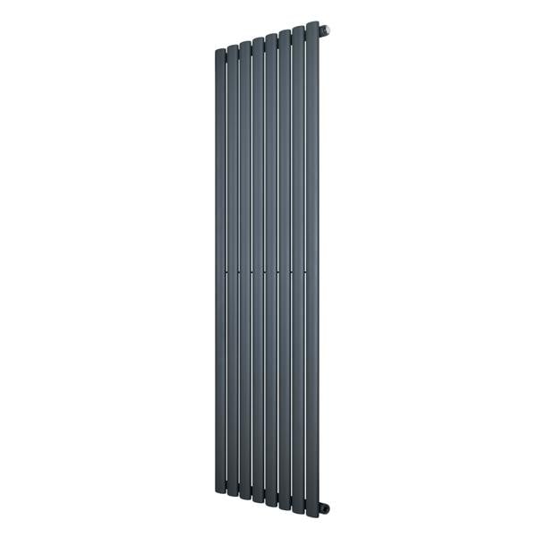 Oval single column radiator in anthracite grey, 1600 x 480mm, featuring a sleek, modern design with vertical lines and a smooth finish