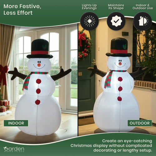 1.8m Inflatable Christmas Snowman with 3 Internal Low Voltage LED Lights, 12V Fan Motor, Guide Ropes and Transformer, Indoor/Outdoor Decoration