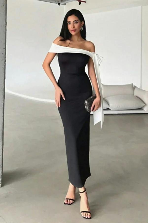 Hoxton Gal Elegant Fitted Knit Evening Dress with Shoulder Bow Detail