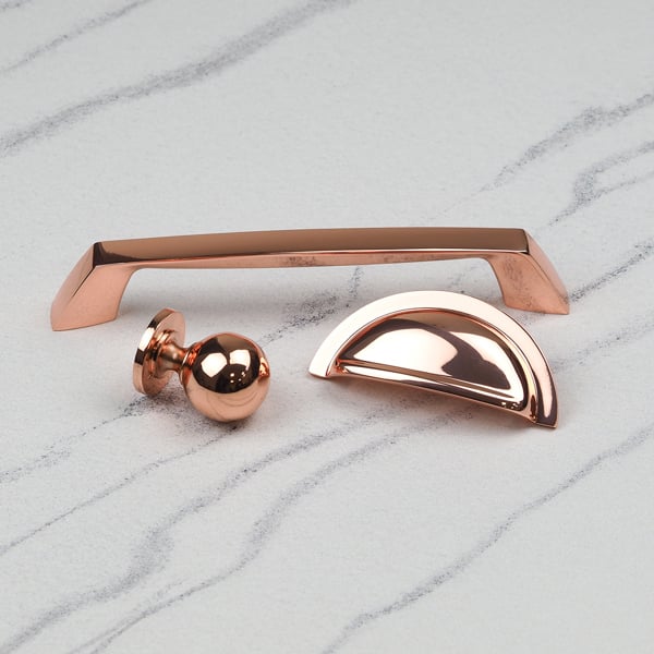 Handle & Home Rose Gold Copper Coordinating Tapered Handle, Cup Handle, and Coordinating Knob