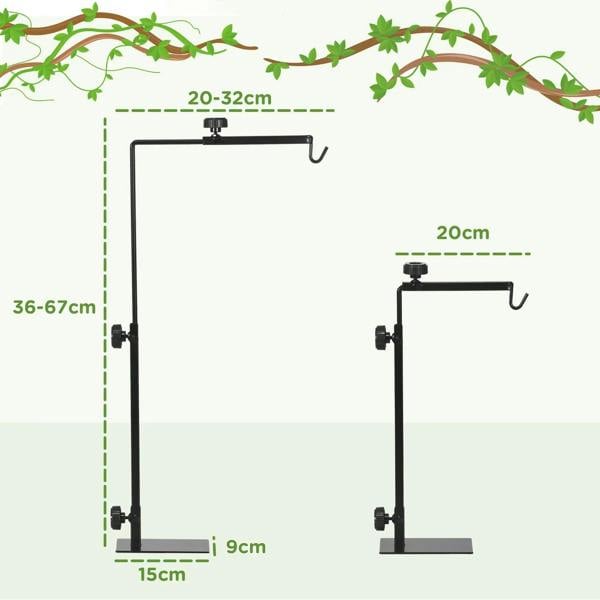 Black adjustable reptile lamp stand holder with height length measurement diagram