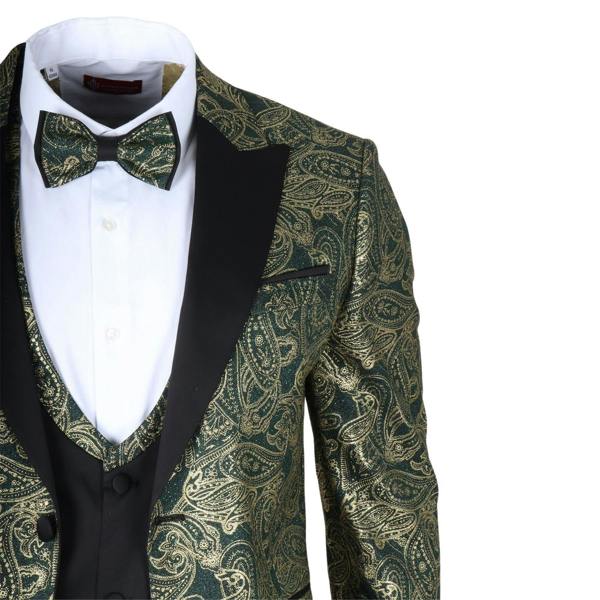 Infinity Leather Men's 4 Piece Green Paisley Wedding Suit Tailor Fit