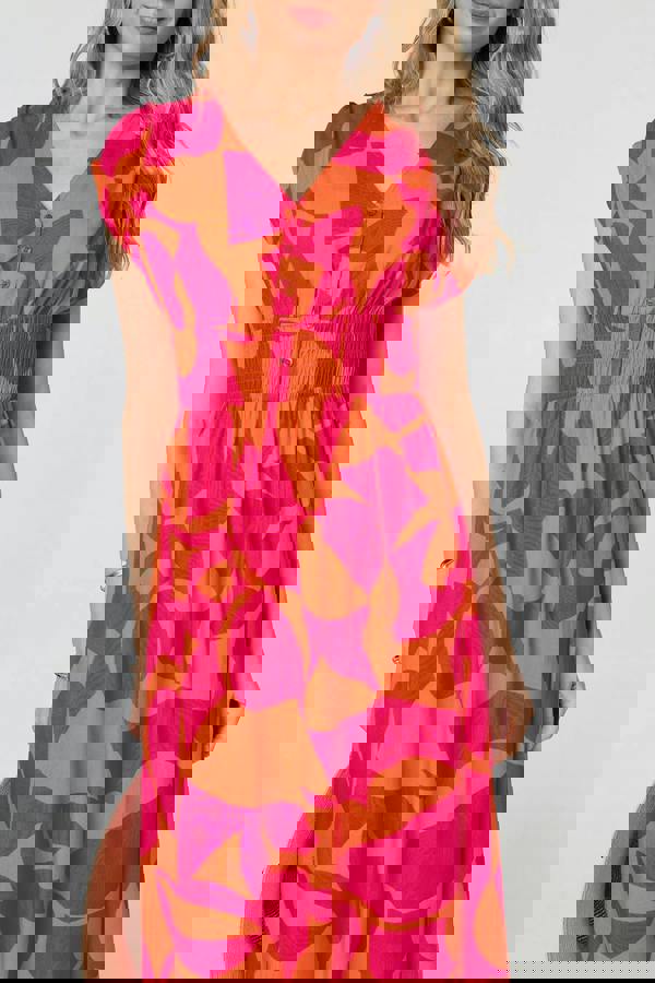 Pink | Abstract Cap Sleeve Shirred Midi Dress