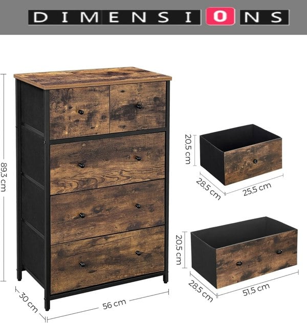 Modcraft Chest of Drawers – 5-Drawer Fabric Storage Organizer Unit with Wood Handles