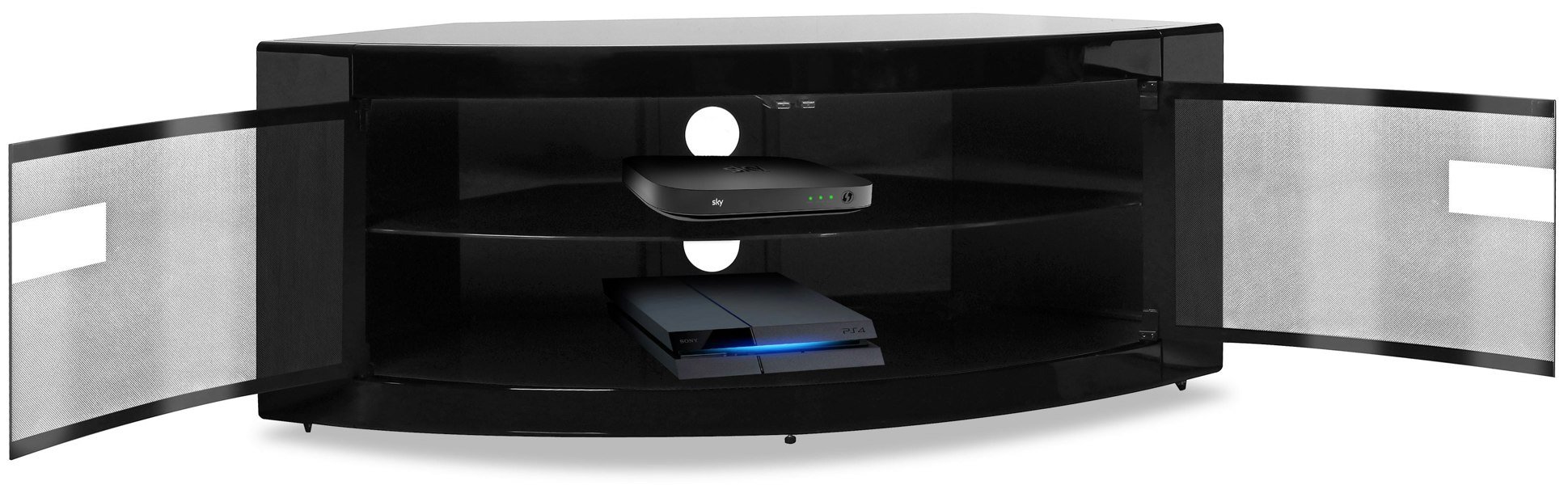 Centurion Supports PANGEA Gloss Black Beam-Thru Curved Tru-Corner 32"-50" TV Cabinet