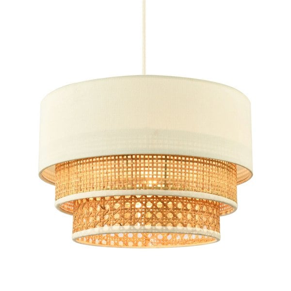 Contemporary Triple Tier Cream Linen and Natural Rattan Pendant Shade Image 1