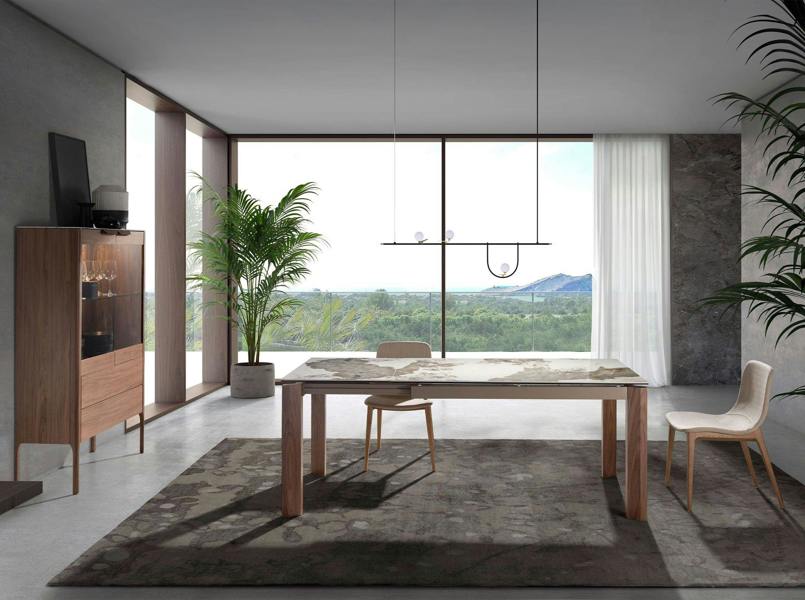 Angel Cerdá Walnut High Sideboard With Imitation Marble Glass Top and Interior Lighting 3075