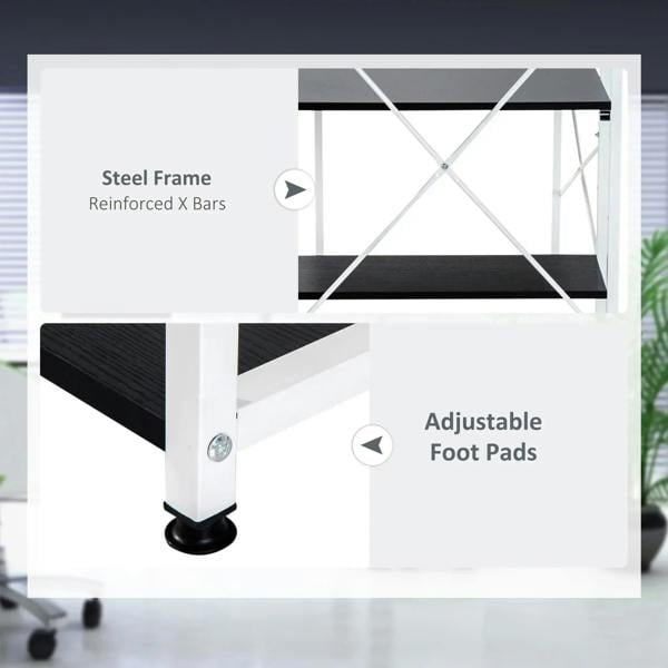 White desk with reinforced steel frame bars and adjustable foot pads