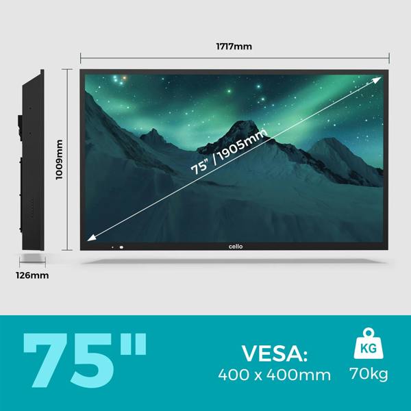 Cello 75 inch 4K UHD Smart Samsung Plus Outdoor TV