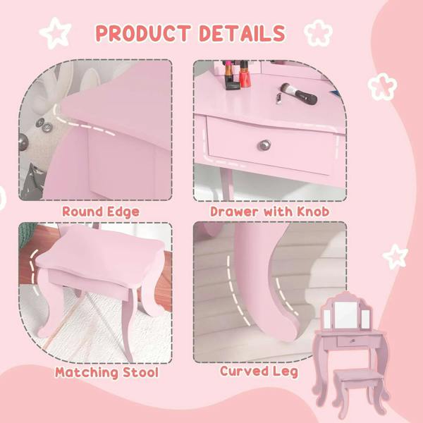 Pink vanity table set details: drawer knob, curved legs, and matching stool