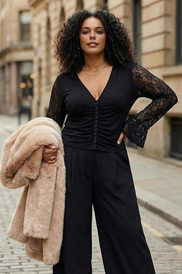 WOVCOR V-Neck Button Detail Plus Size Blouse with Lace Sleeves