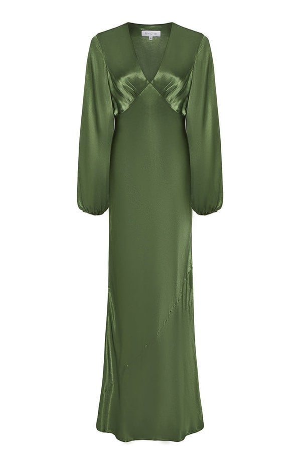 Rewritten London Valencia Dress in Olive Viscose Satin