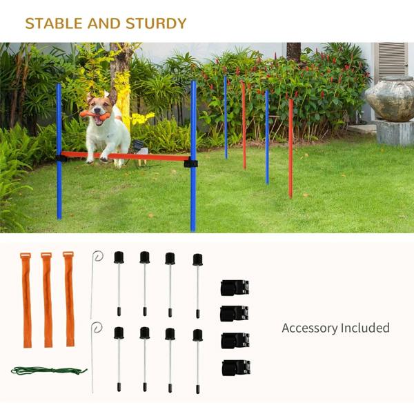 Outdoor dog agility obstacle set with blue bases and orange weave poles