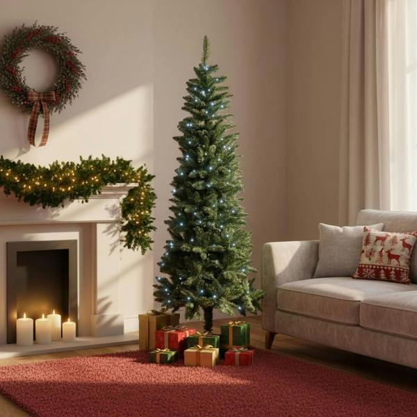 4ft to 8ft Slim Pre-Lit Green Christmas Trees with Cool White LEDs and Metal Base image 9