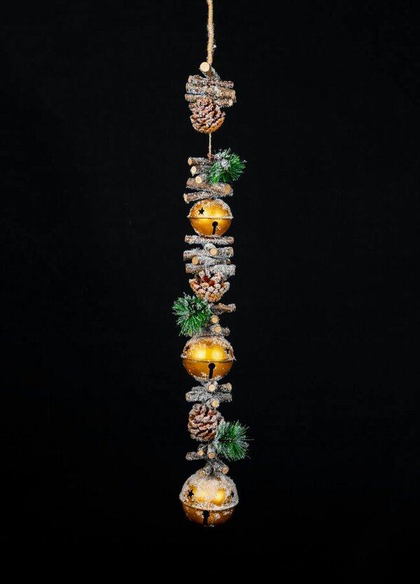 Shatchi 90cm Golden Christmas Hanging Decoration with Jingle Bells, Wooden Sticks, Pinecones and Berries