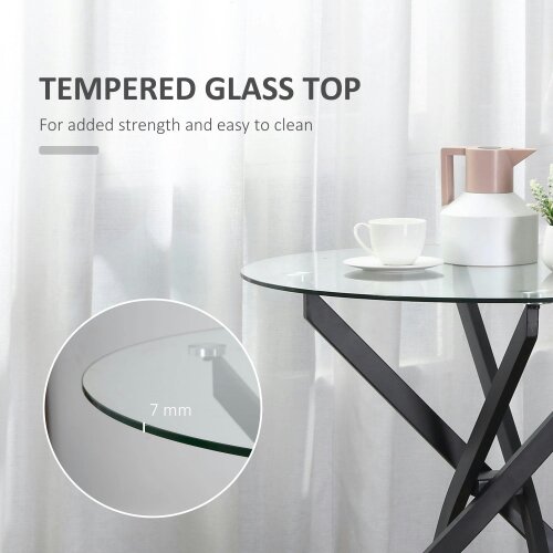 Wyld Haus Bama Metal Black Round Glass Dining Table With Clear Tempered Top For Living And Dining Rooms