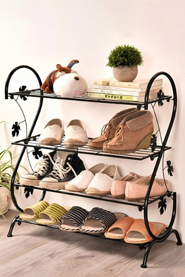 Living and Home Black Metal 4 Tier S-Shape Shoe Rack