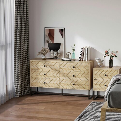 Wyld Haus Niel Wooden Natural Chevron 6 Drawer Chest With Zigzag Black Metal Legs
