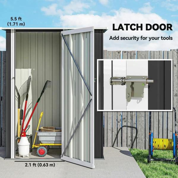 Grey metal shed door with latch lock detail and interior tool storage