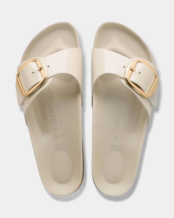 Birkenstock Madrid Big Buckle Natural Patent Leather Womens Sandals - High-Shine Oyster | CHO | Designer Womens Sandals