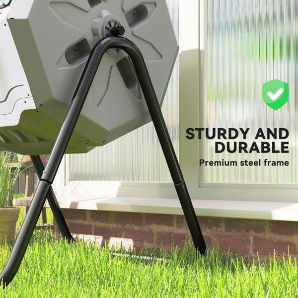 Grey dual-chamber composter with black steel frame legs for outdoor stability