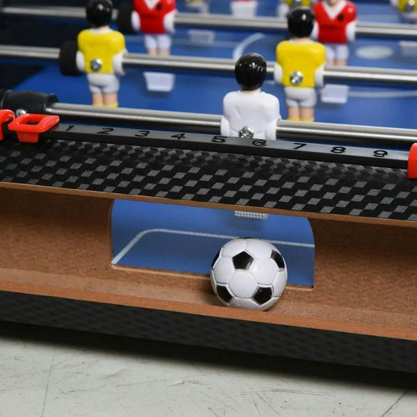 Foosball tabletop goal area with numbered scoring strip and a white soccer ball