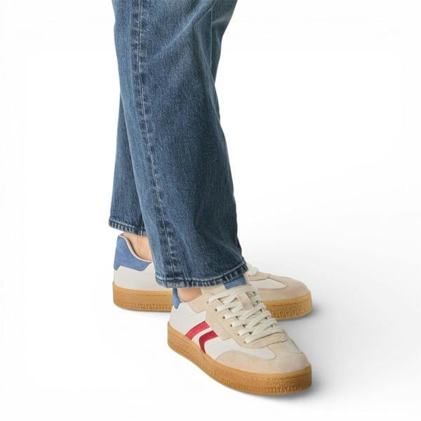 Tamaris Men’s Off White Leather Red Stripe Trainer Sneaker Shoes