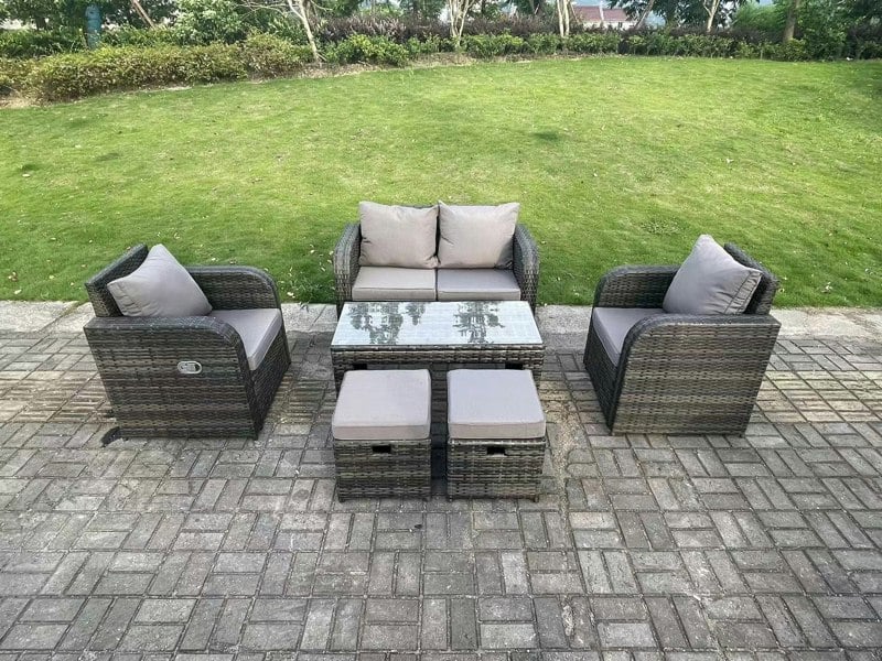 Fimous Dark Grey PE Wicker Rattan Garden Furniture Set Love Sofa Reclining Chair Outdoor Rectangular Coffee Table Stools 6 Seater