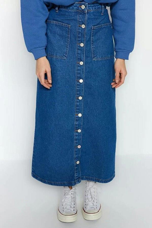 WOVCOR Double Pocket High Waist Maxi Denim Skirt with Button Detail