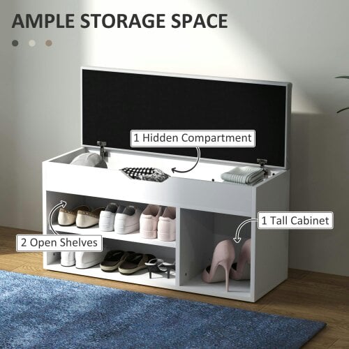 Wyld Haus Zima Wooden White Shoe Storage Bench With Hidden Compartment And Grey Padded Seat