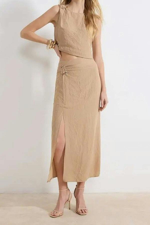 WOVCOR 2-Piece Blouse-Skirt Woven Top and Bottom Set with Accessories and Slit Detail