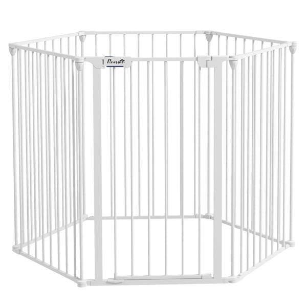 White foldable dog playpen with six vertical panels and front gate